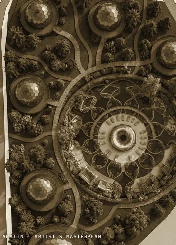 Sepia masterplan of a community with domes